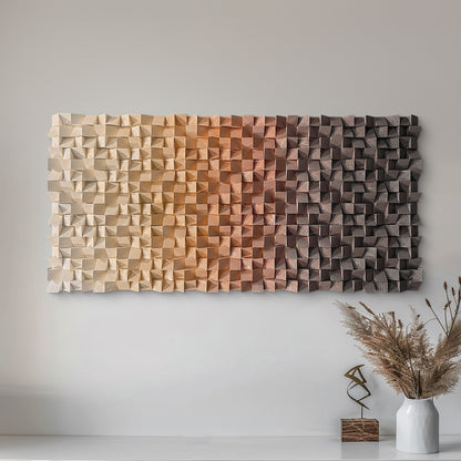 Warm earth-tone wood wall art, 3D textured mosaic with gradient orange-to-brown hues, abstract modern design allowing horizontal or vertical display.