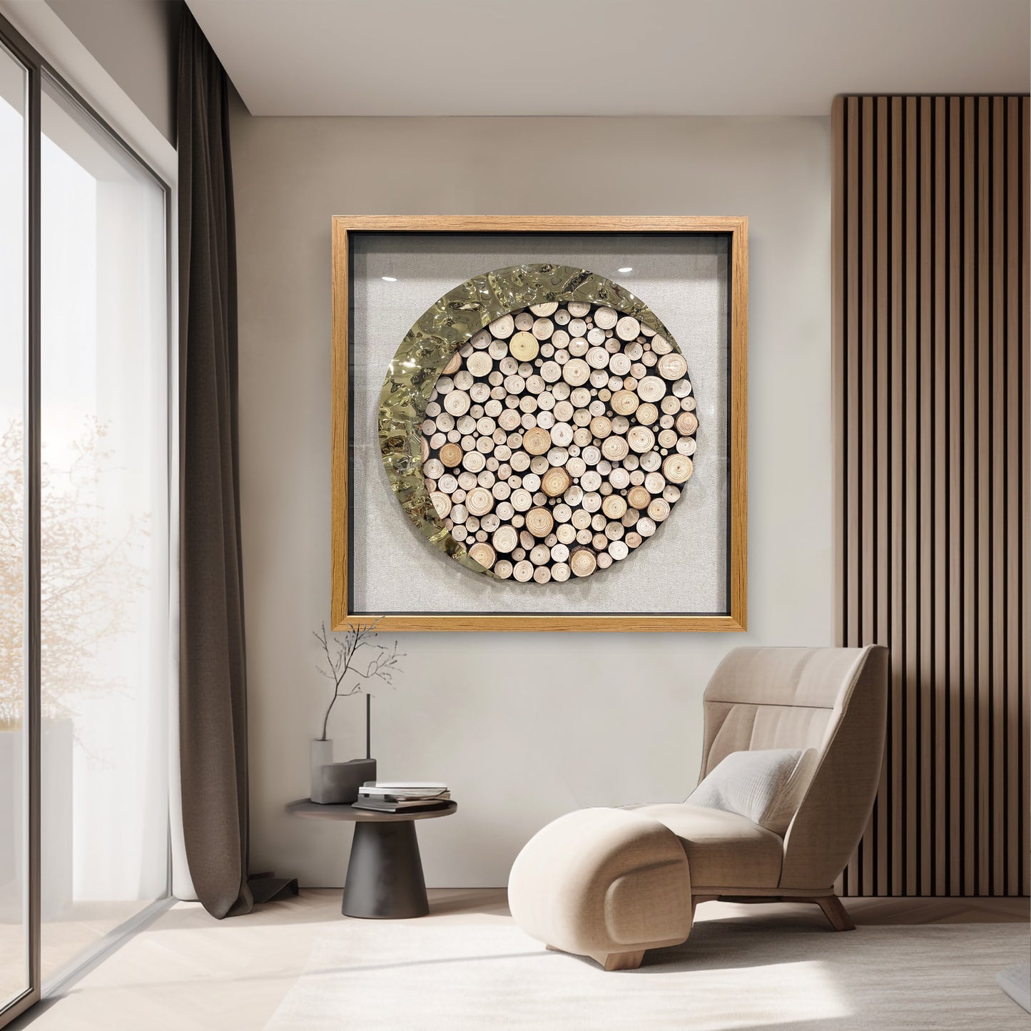 Luxury Framed Log Cross-Section Wall Art - Metallic 3D Sculpture