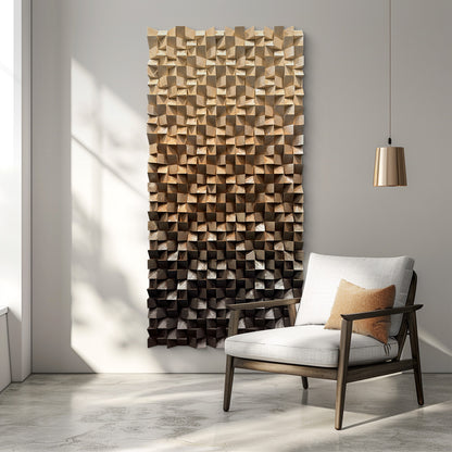 Wooden wall art, handmade solid wood mosaic with abstract coffee brown gradient and triangular design, rich in texture.