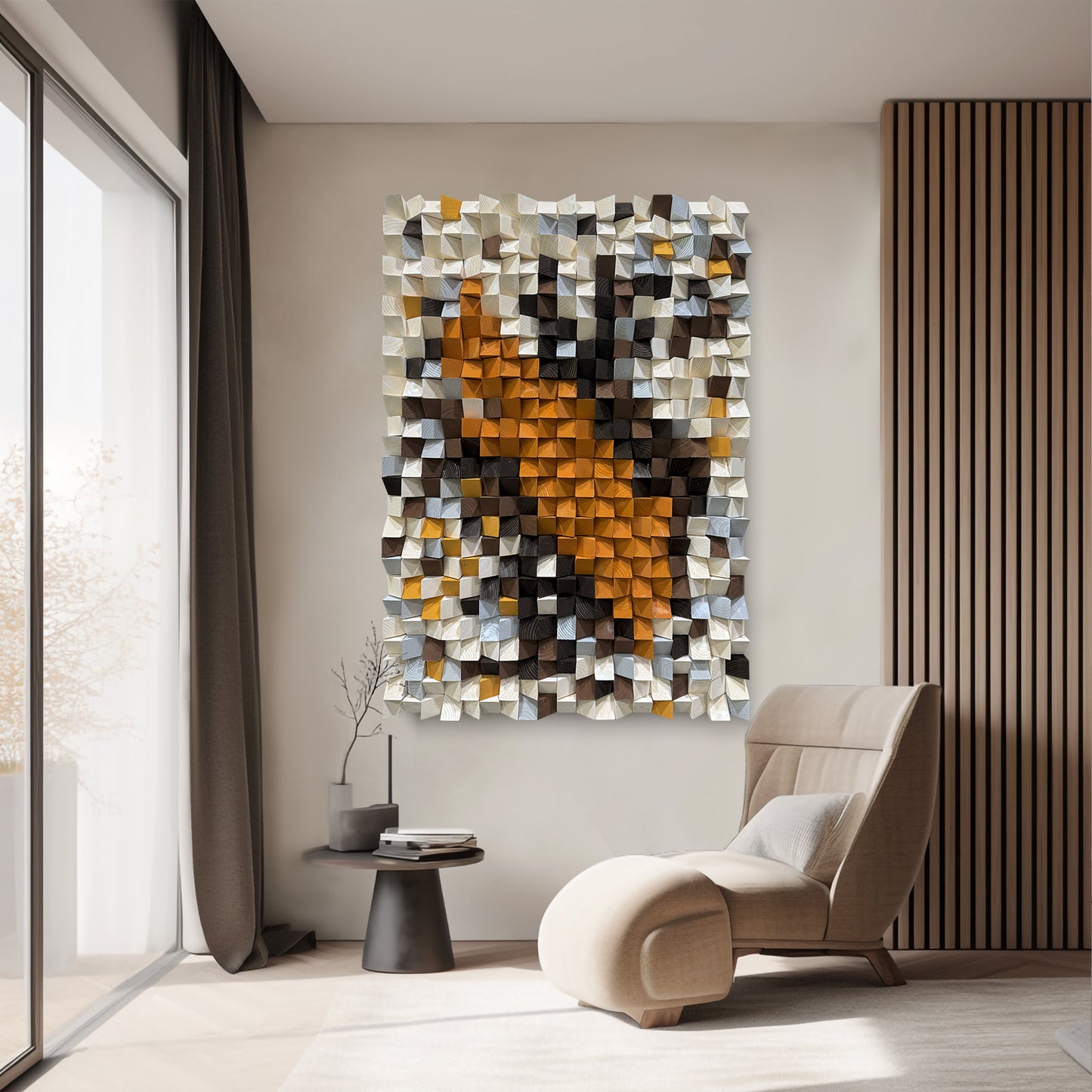 Large 3D natural wood wall decor with original triangular design.