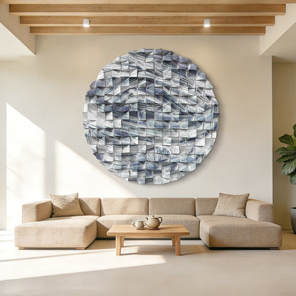 Blue Line Round Wood Wall Art, white backdrop, modern minimalist style, ideal for office wall decor.