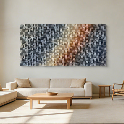 Large triangular wooden blocks interweave to create dreamy light and shadow, artistic wall decor brightens living spaces with unique aesthetic appeal.