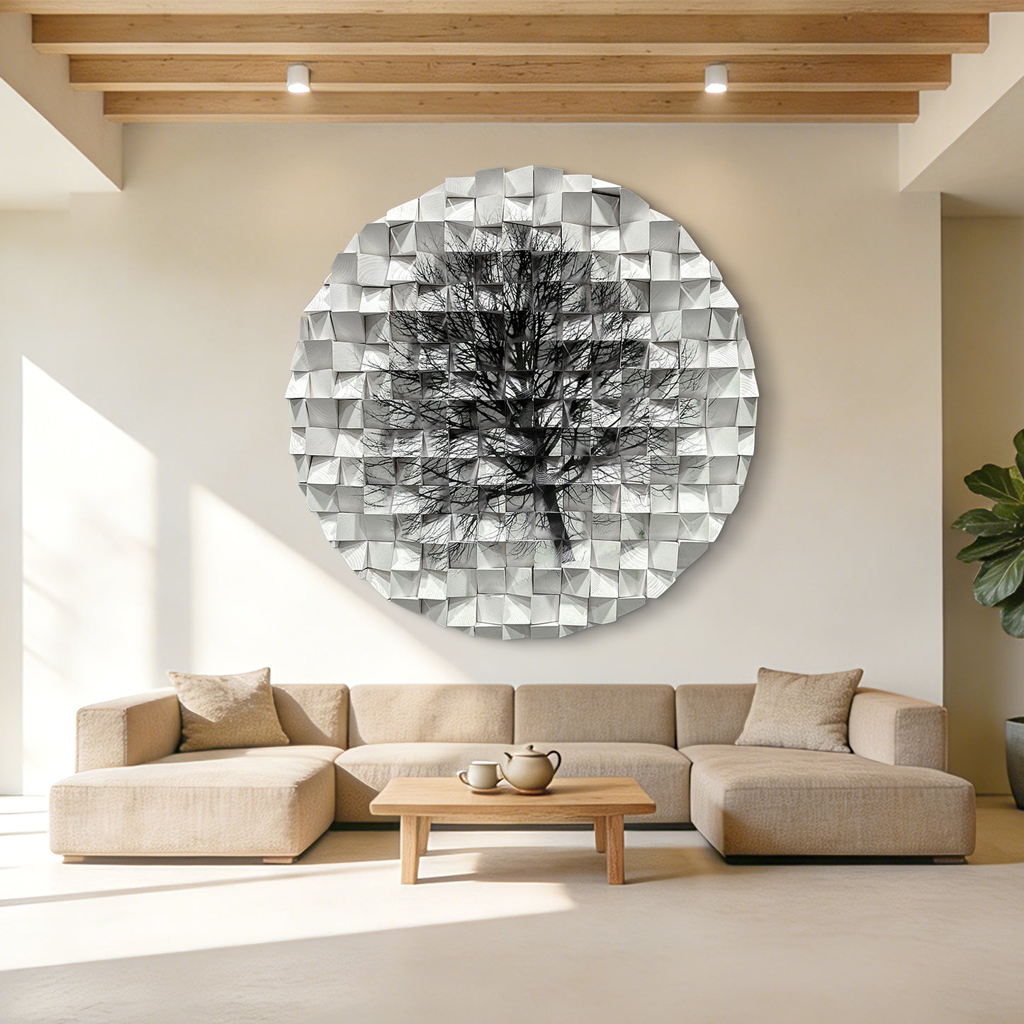 Modern circle wall decor with black-and-white tree art, handmade solid wood hanging for home and office.