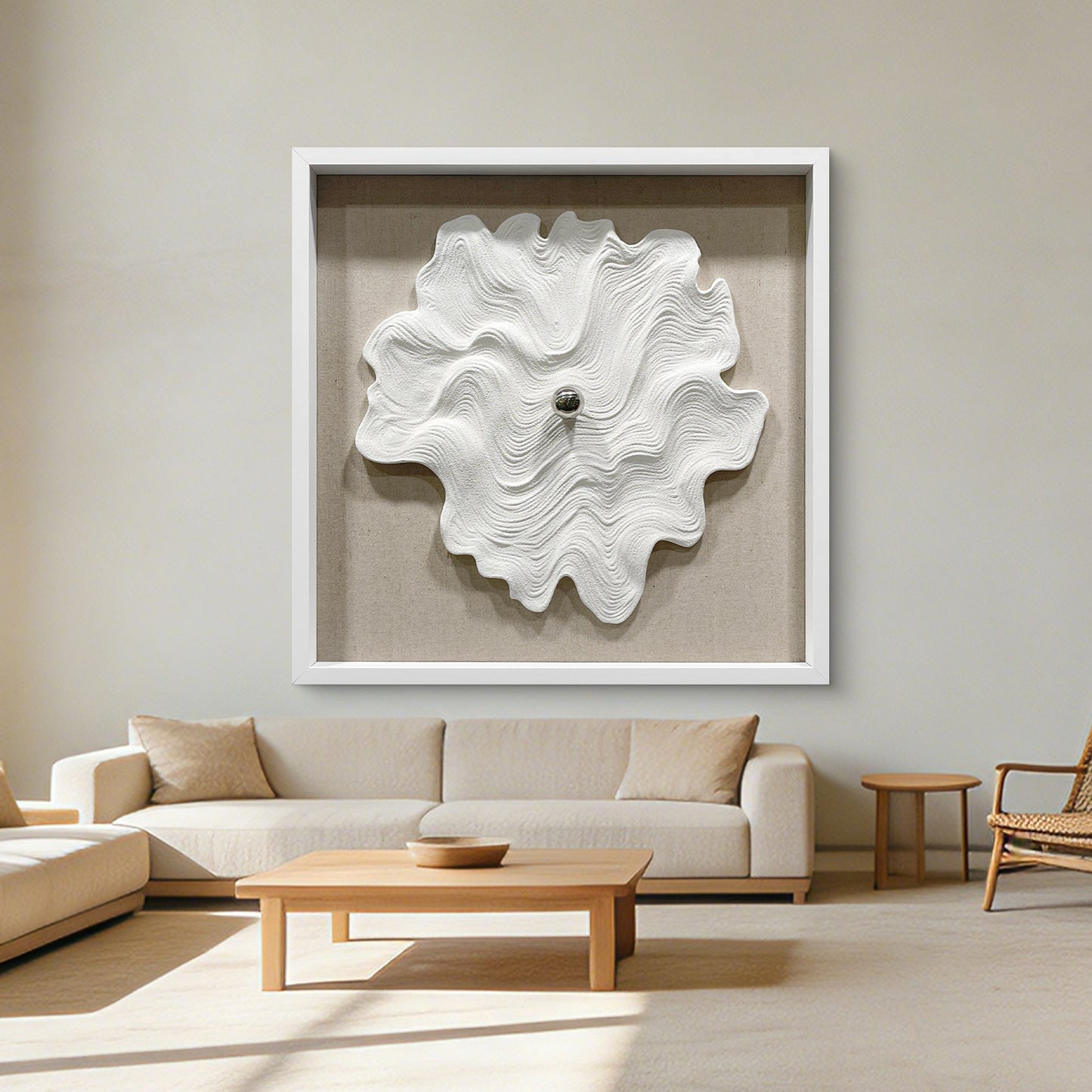 White Textured Wood Carving with Silver Sphere Wall Art