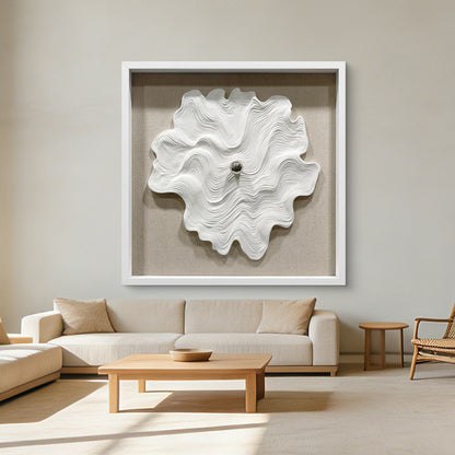 White Textured Wood Carving with Silver Sphere Wall Art