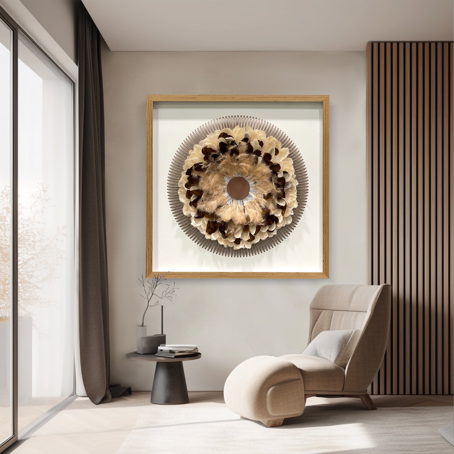 Boho Feather Wall Art - Radial Wood Slats Layered Juju Decor