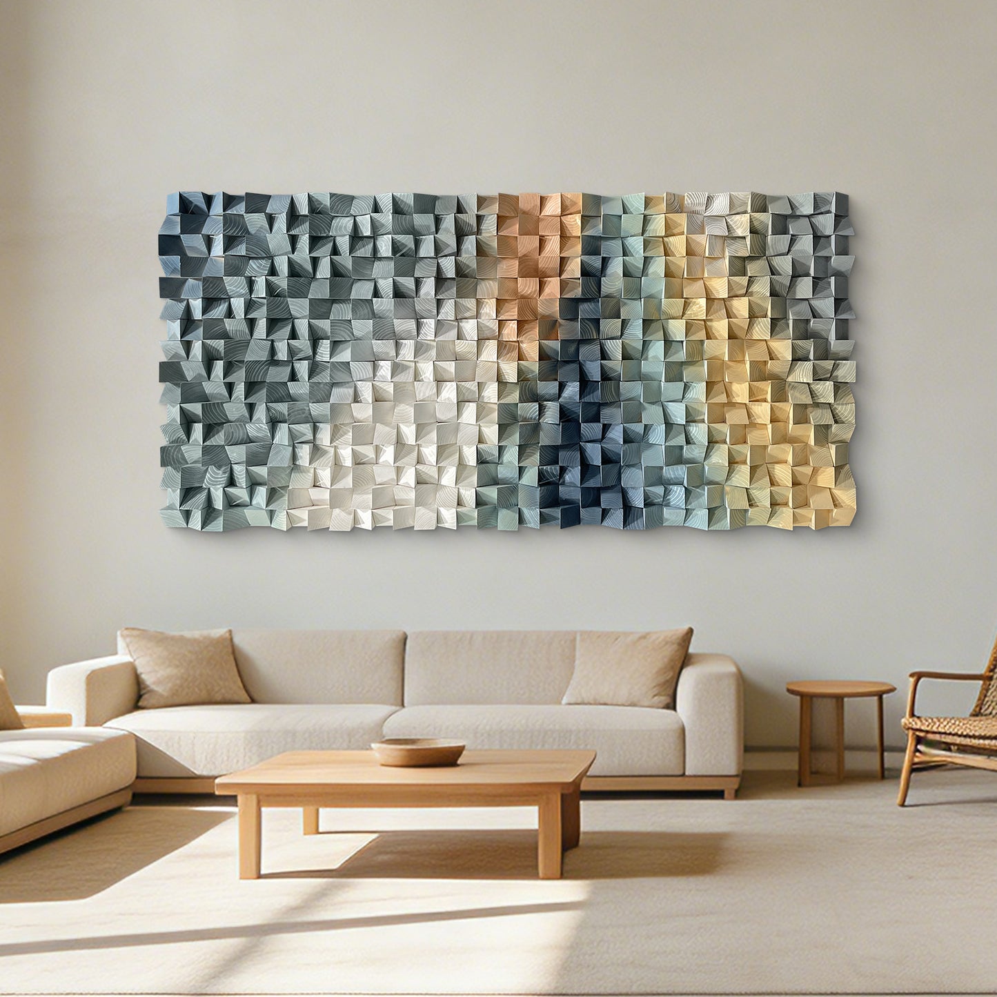 Large triangular wooden block wall art, crafted from natural wood with strong artistic appeal, creating an eye-catching focal point for interior spaces.