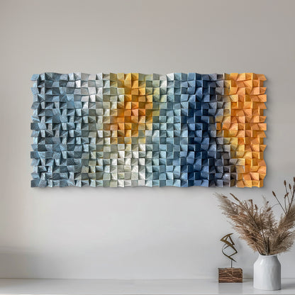 Large 3D natural wood wall decor with original triangular design.