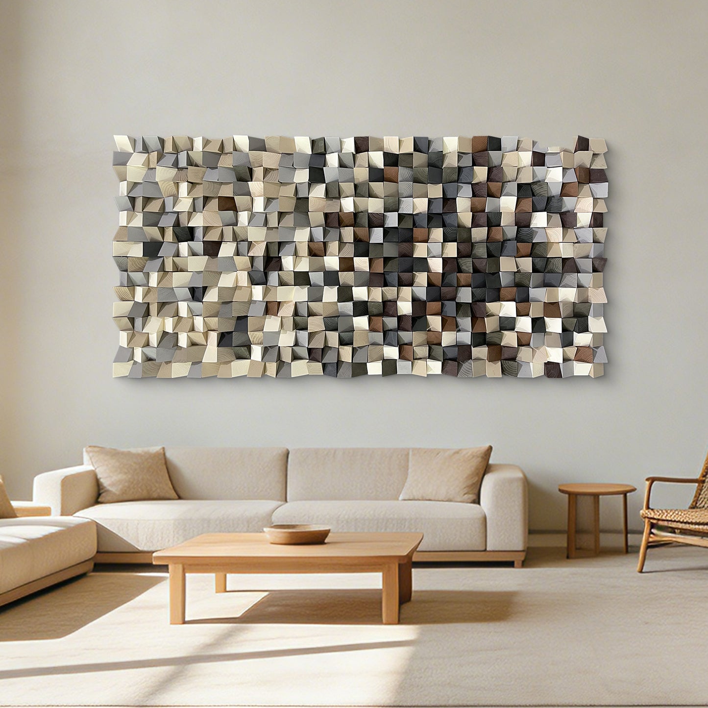 Modern style triangular wooden wall decoration. Artistic decoration for the living room. Eco-friendly wood three-dimensional artwork