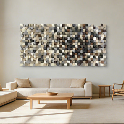 Modern style triangular wooden wall decoration. Artistic decoration for the living room. Eco-friendly wood three-dimensional artwork
