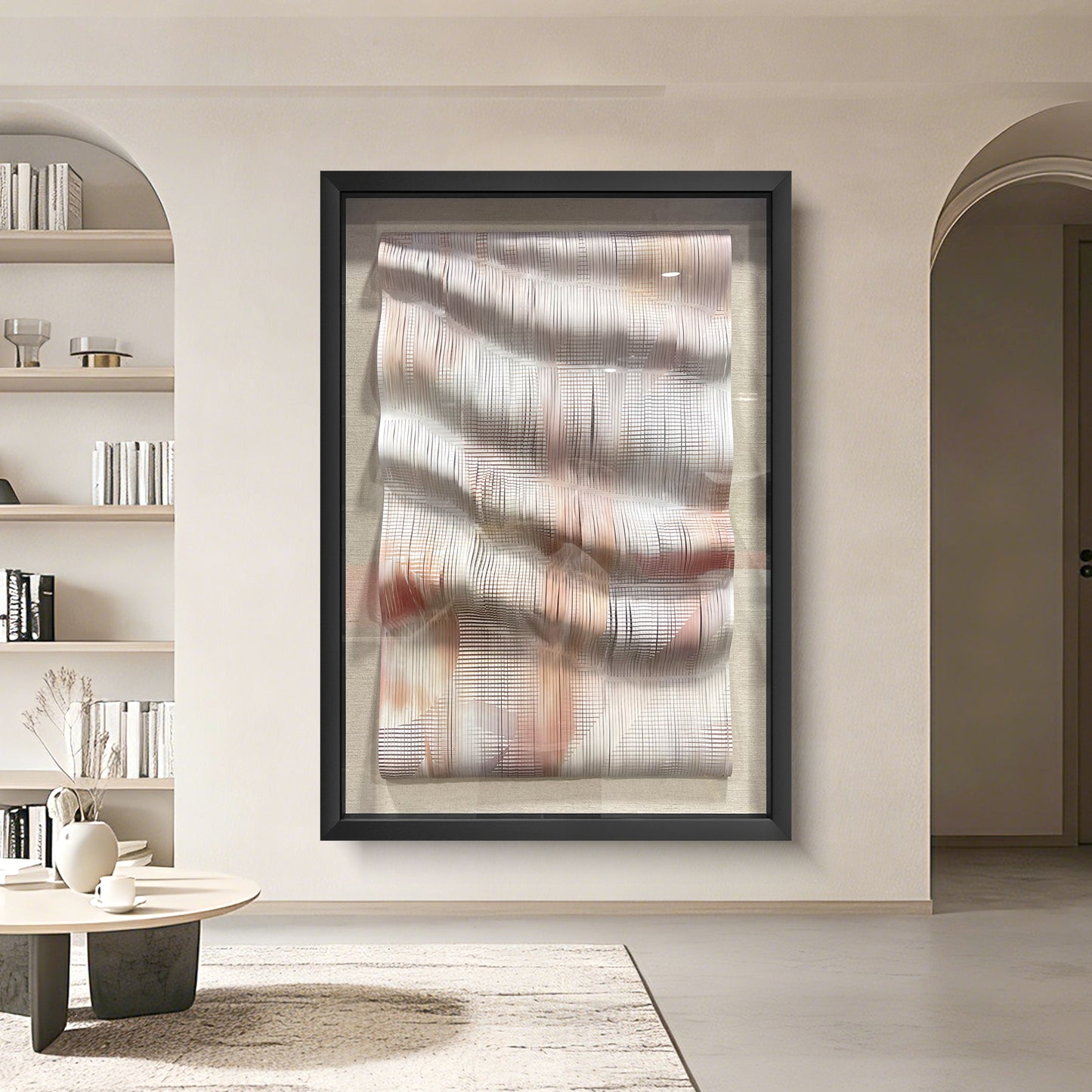 Handcrafted 3D paper artwork, modern textured wall art with delicate three-dimensional design.