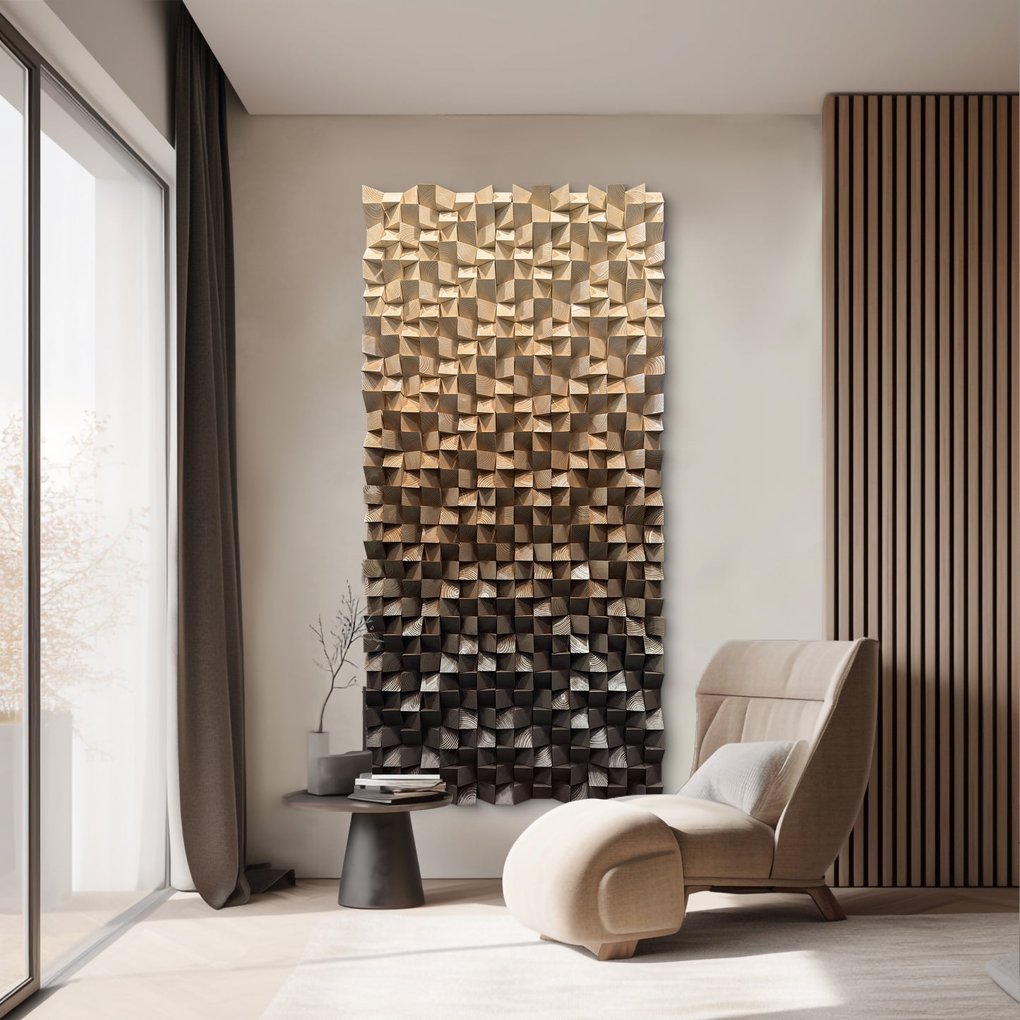 Wooden wall art, handmade solid wood mosaic with abstract coffee brown gradient and triangular design, rich in texture.