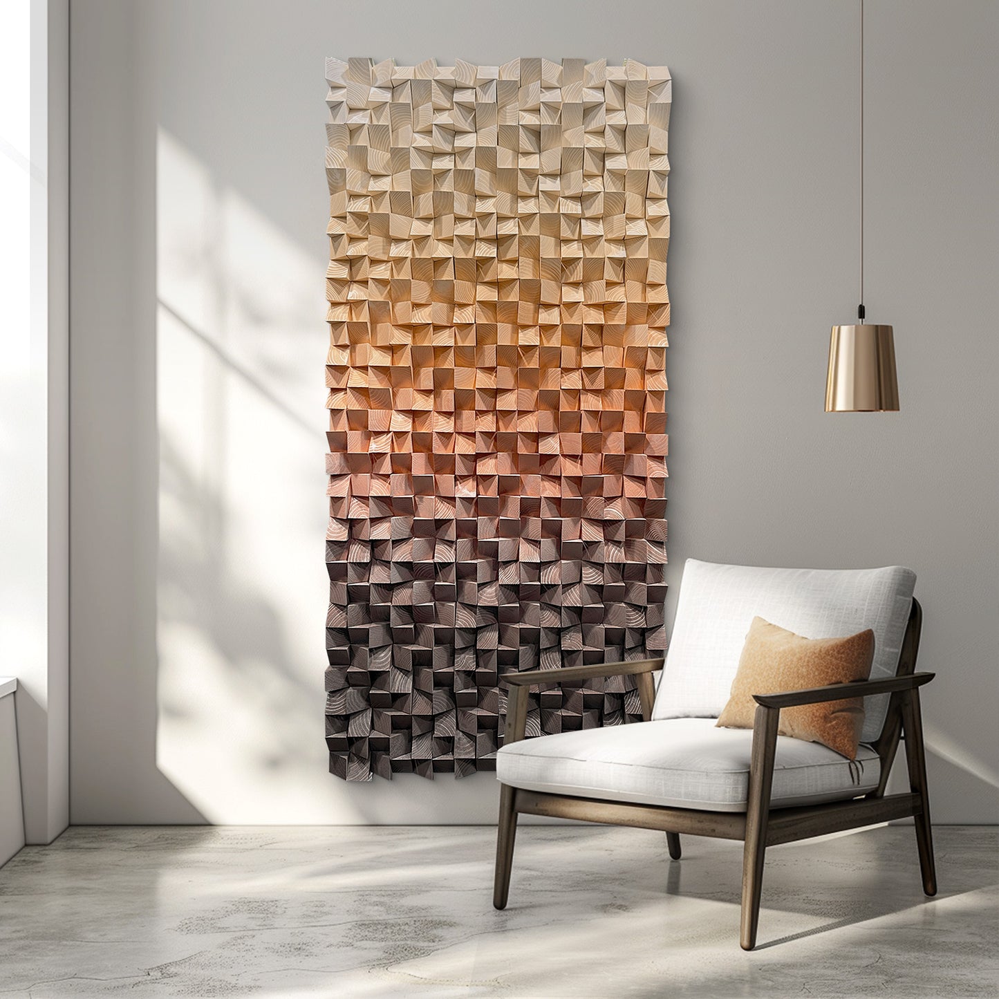 Warm earth-tone wood wall art, 3D textured mosaic with gradient orange-to-brown hues, abstract modern design allowing horizontal or vertical display.