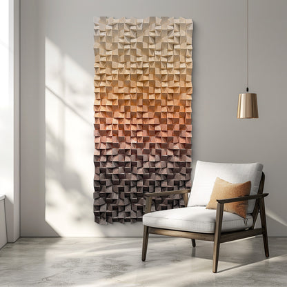 Warm earth-tone wood wall art, 3D textured mosaic with gradient orange-to-brown hues, abstract modern design allowing horizontal or vertical display.
