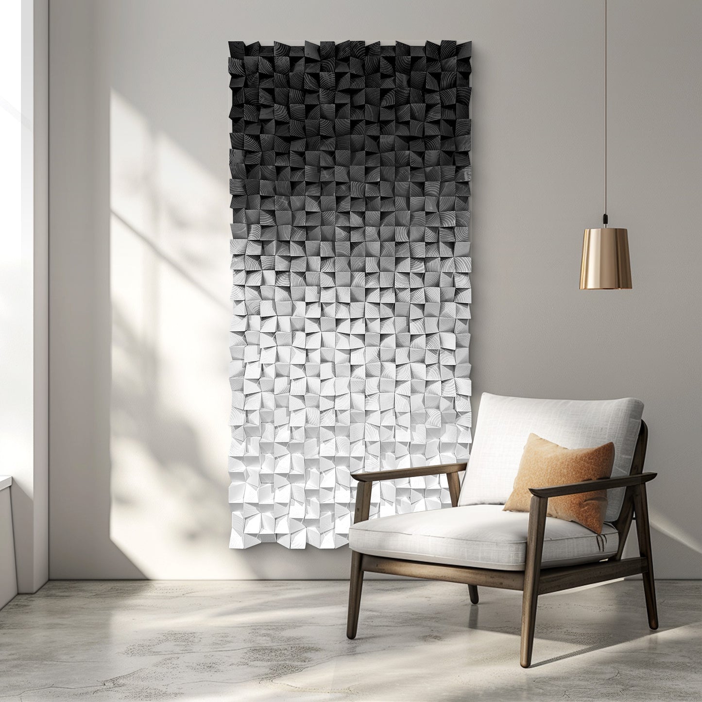 Extra Large Abstract Wood Wall Art, handcrafted from solid wood with black & white mosaic detailing, delivering a sleek modern focal texture.