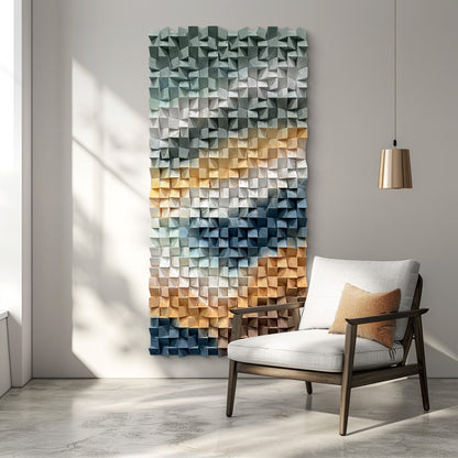 3D gradient wooden mosaic wall artwork, crafted from natural wood with gradual color transitions, full of artistic stereoscopic sense.
