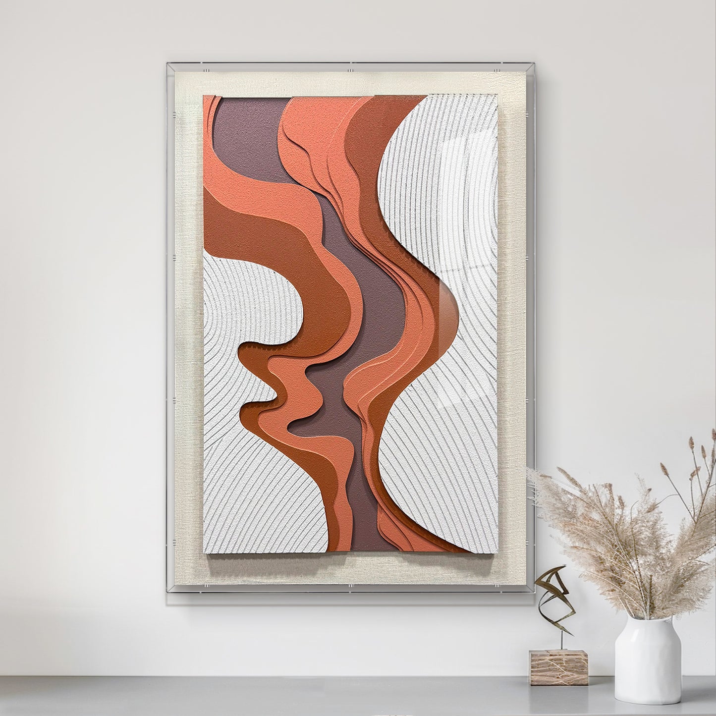 Large 3D Wood Carving Framed Wall Art, Brown Textured Handcrafted Decor