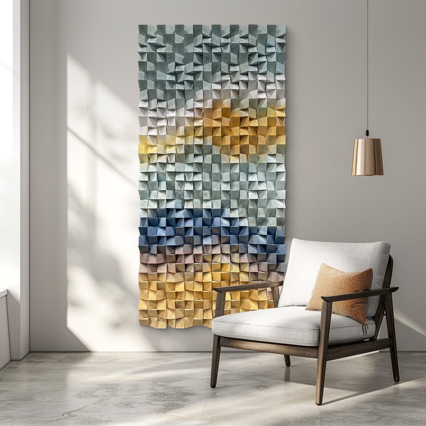 Geometric gradient 3D wooden mosaic wall decor, solid wood textured panel with distinctive layered design.