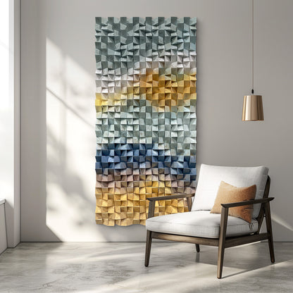 Geometric gradient 3D wooden mosaic wall decor, solid wood textured panel with distinctive layered design.