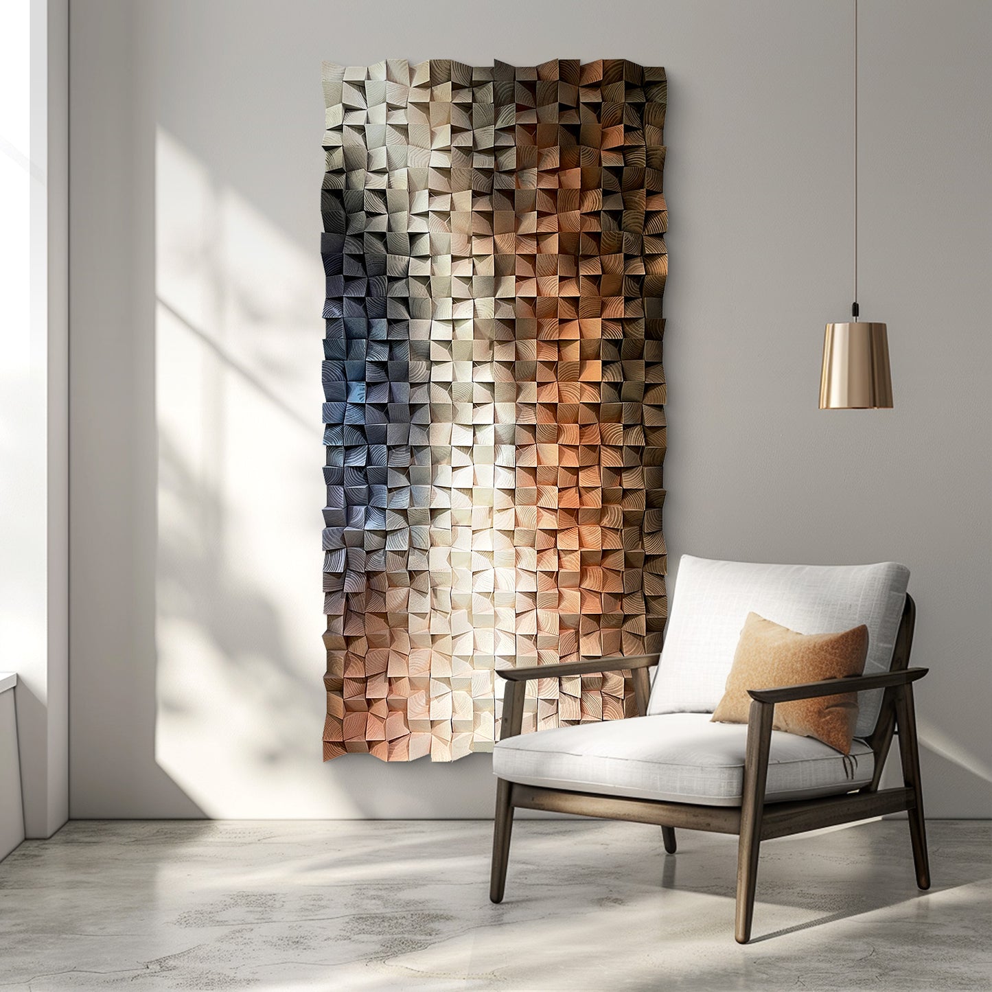 Modern abstract 3D wall art, solid wood mosaic panel in blue, white and orange tones, with rich three-dimensional texture.
