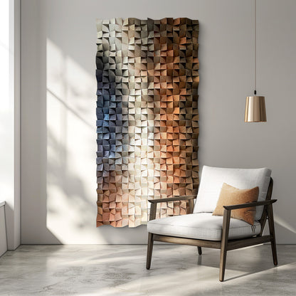 Modern abstract 3D wall art, solid wood mosaic panel in blue, white and orange tones, with rich three-dimensional texture.