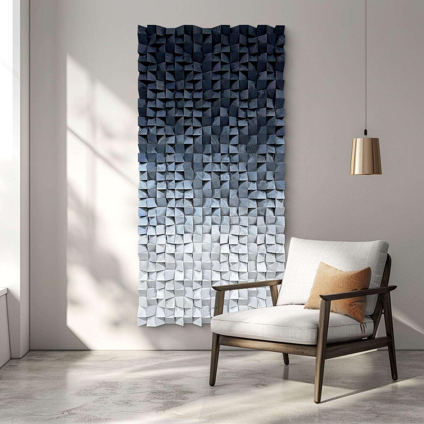 3D Wood Block Wall Art, crafted from natural wood with gradient blue and gray tones, featuring rich layered texture.