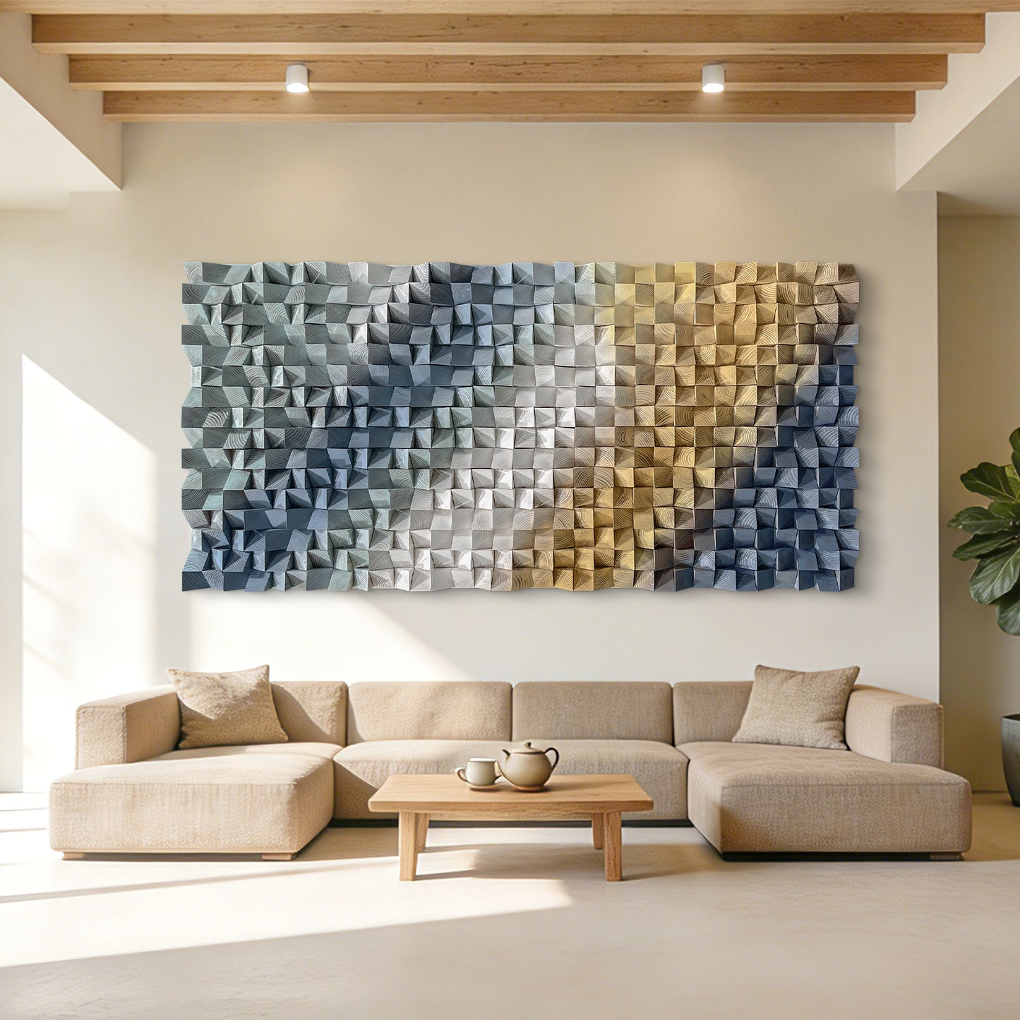 Modern 3D wooden wall art with triangular wood blocks, large-sized wall hanging decor to elevate space style.