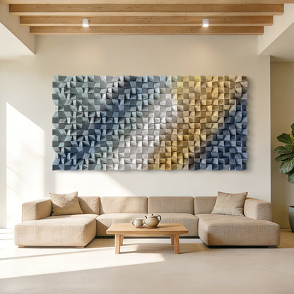 Modern 3D wooden wall art with triangular wood blocks, large-sized wall hanging decor to elevate space style.
