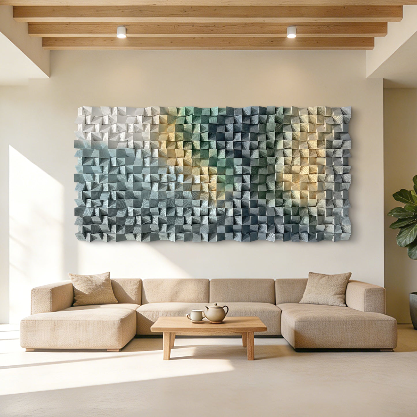 Large triangular wooden block art wall decoration, living room bedroom artistic sense, hanging wall art, home space eye-catching decoration
