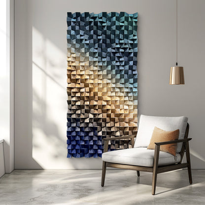 3D wood wall decor featuring triangular wooden blocks, highlighting natural wood grain and rich three-dimensional structure.