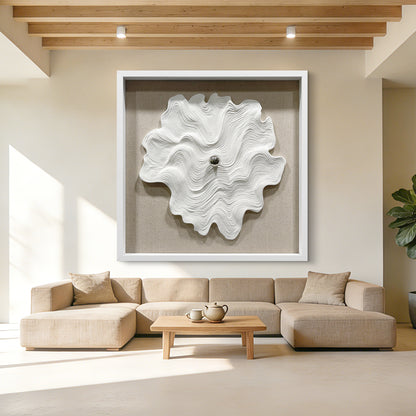 White Textured Wood Carving with Silver Sphere Wall Art