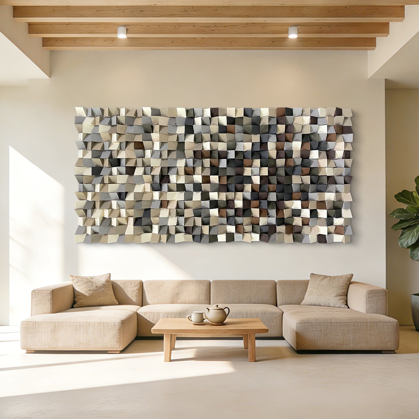 Modern style triangular wooden wall decoration. Artistic decoration for the living room. Eco-friendly wood three-dimensional artwork