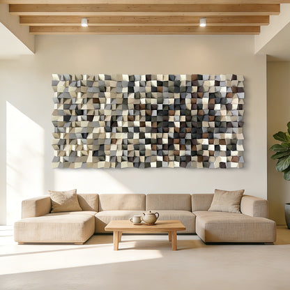 Modern style triangular wooden wall decoration. Artistic decoration for the living room. Eco-friendly wood three-dimensional artwork