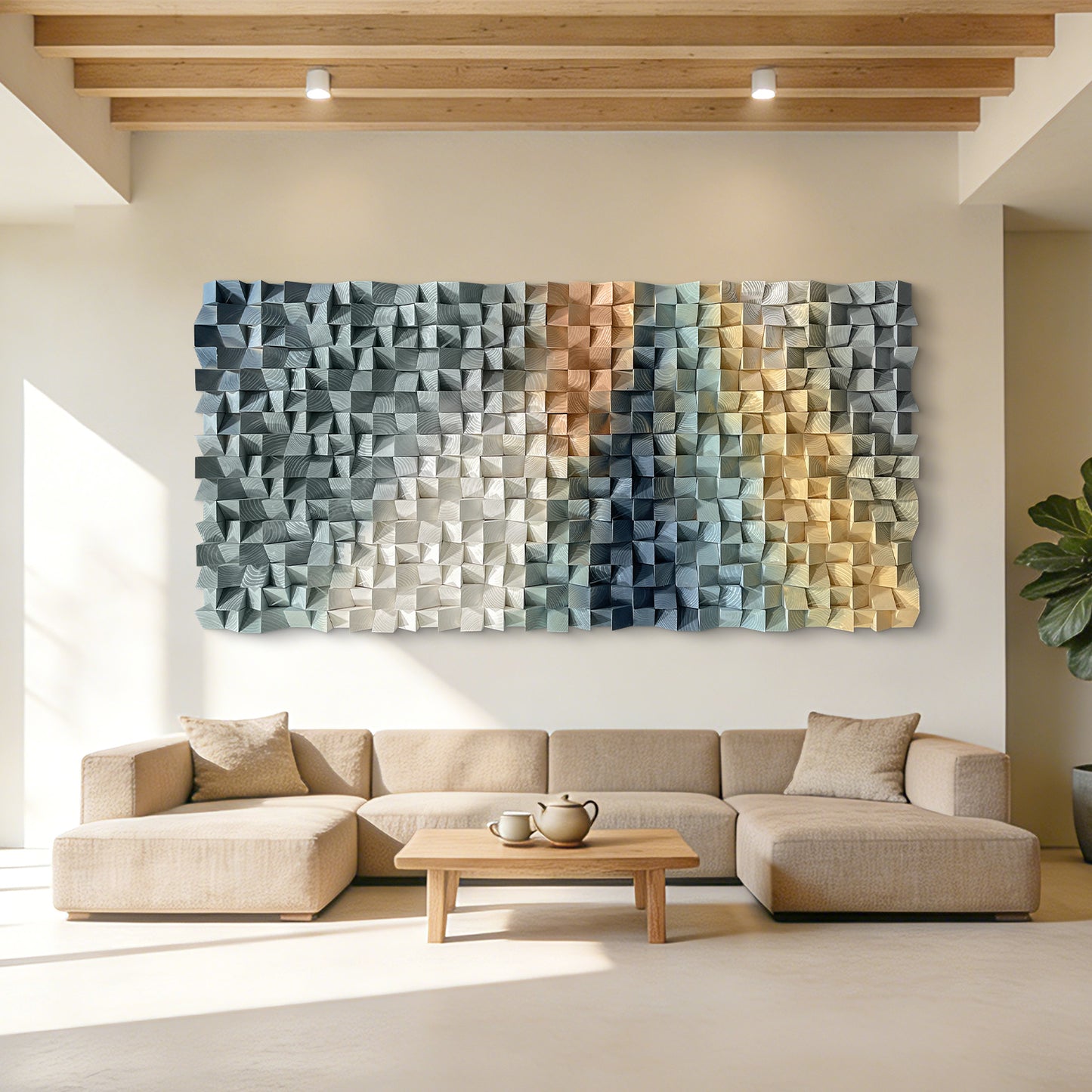 Large triangular wooden block wall art, crafted from natural wood with strong artistic appeal, creating an eye-catching focal point for interior spaces.