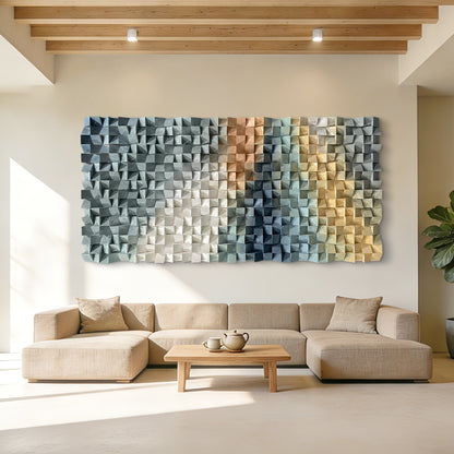 Large triangular wooden block wall art, crafted from natural wood with strong artistic appeal, creating an eye-catching focal point for interior spaces.