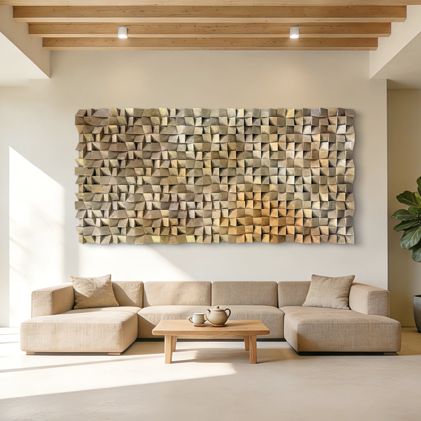 3D gradient wall art with geometric wooden blocks, textured solid wood decor ideal for living rooms, bedrooms and offices.
