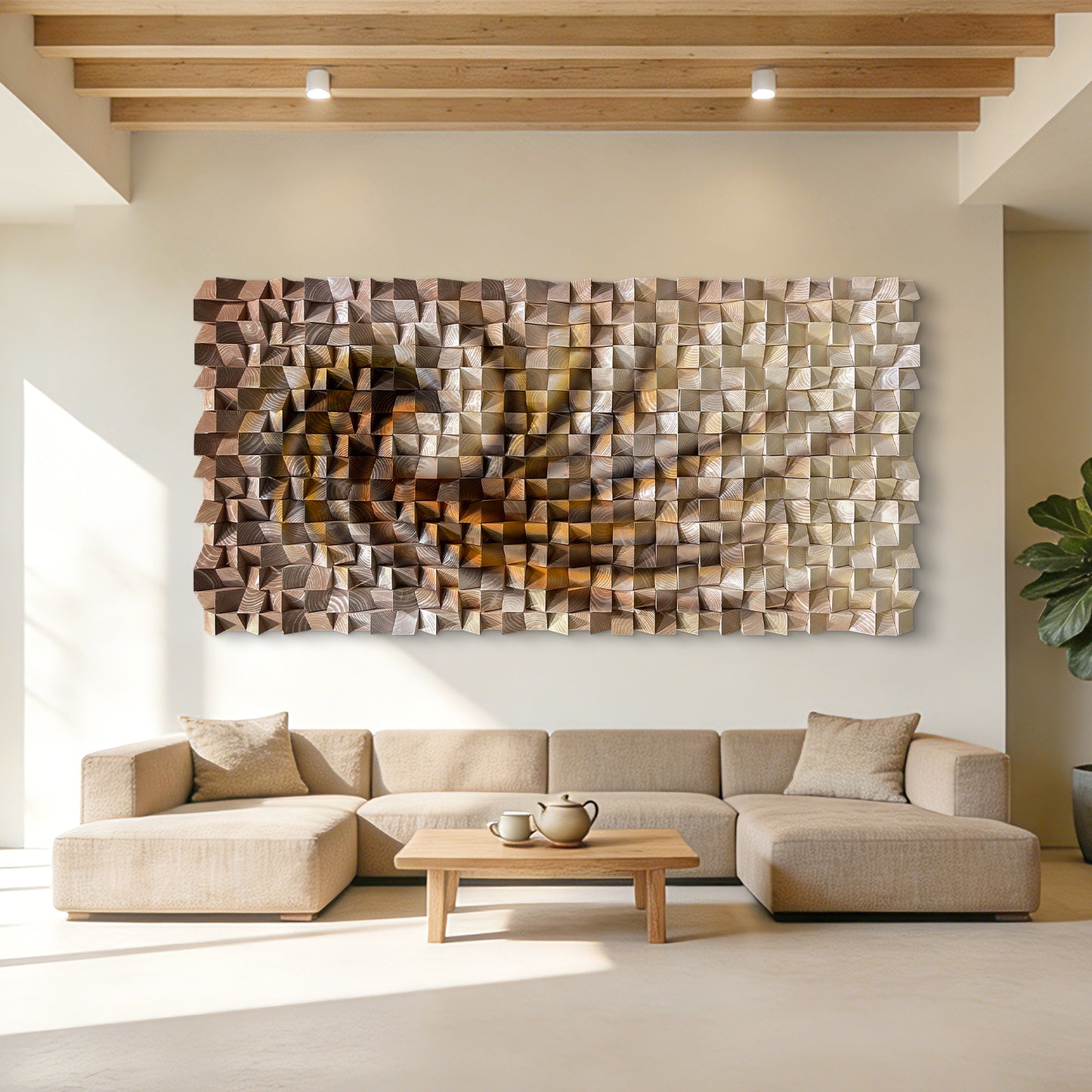 Three-dimensional triangular wooden block wall art, modern styled with natural wood texture, elevating any wall space elegantly.