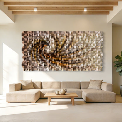 Three-dimensional triangular wooden block wall art, modern styled with natural wood texture, elevating any wall space elegantly.