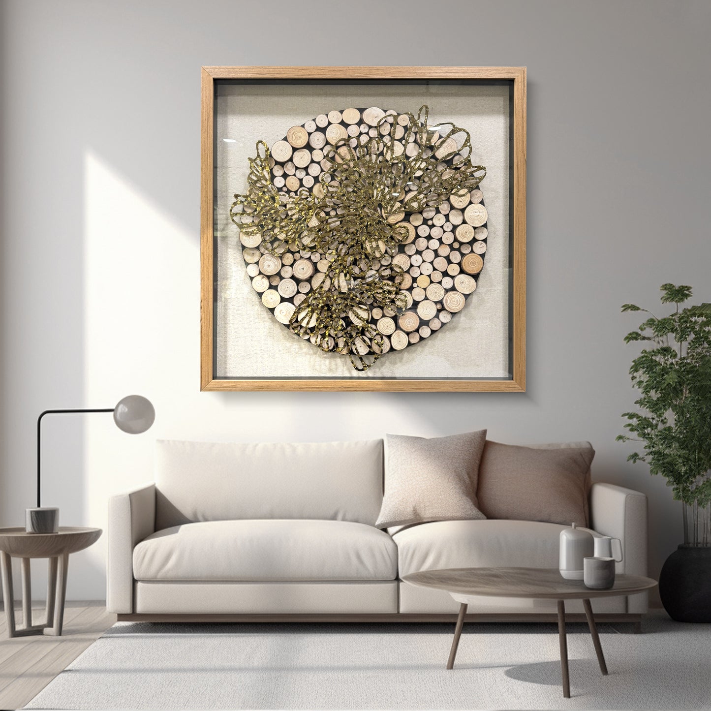 Natural Wood Round & Metal Wall Sculpture - 3D Mixed Media Art