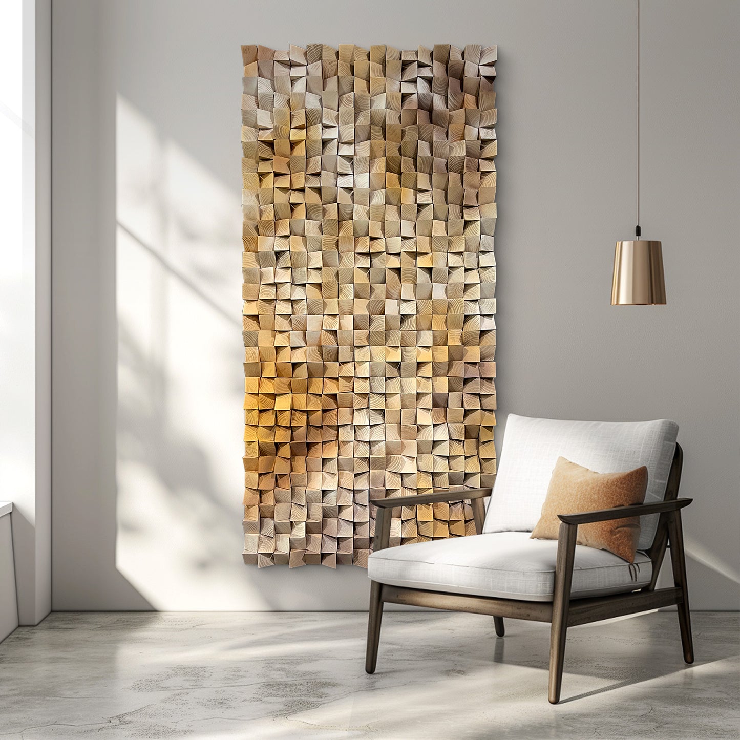 3D gradient wooden mosaic wall art features geometric wood blocks in gradual color transitions, delivering rich texture, artistic depth and natural warmth.
