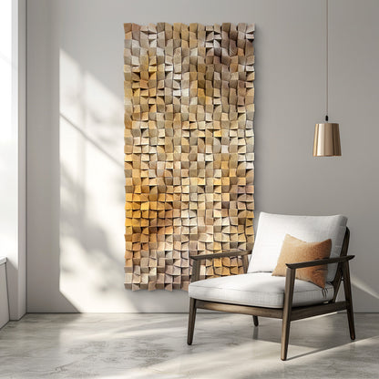 3D gradient wooden mosaic wall art features geometric wood blocks in gradual color transitions, delivering rich texture, artistic depth and natural warmth.