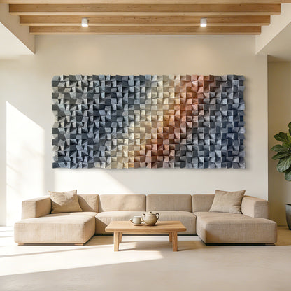 Large triangular wooden blocks interweave to create dreamy light and shadow, artistic wall decor brightens living spaces with unique aesthetic appeal.