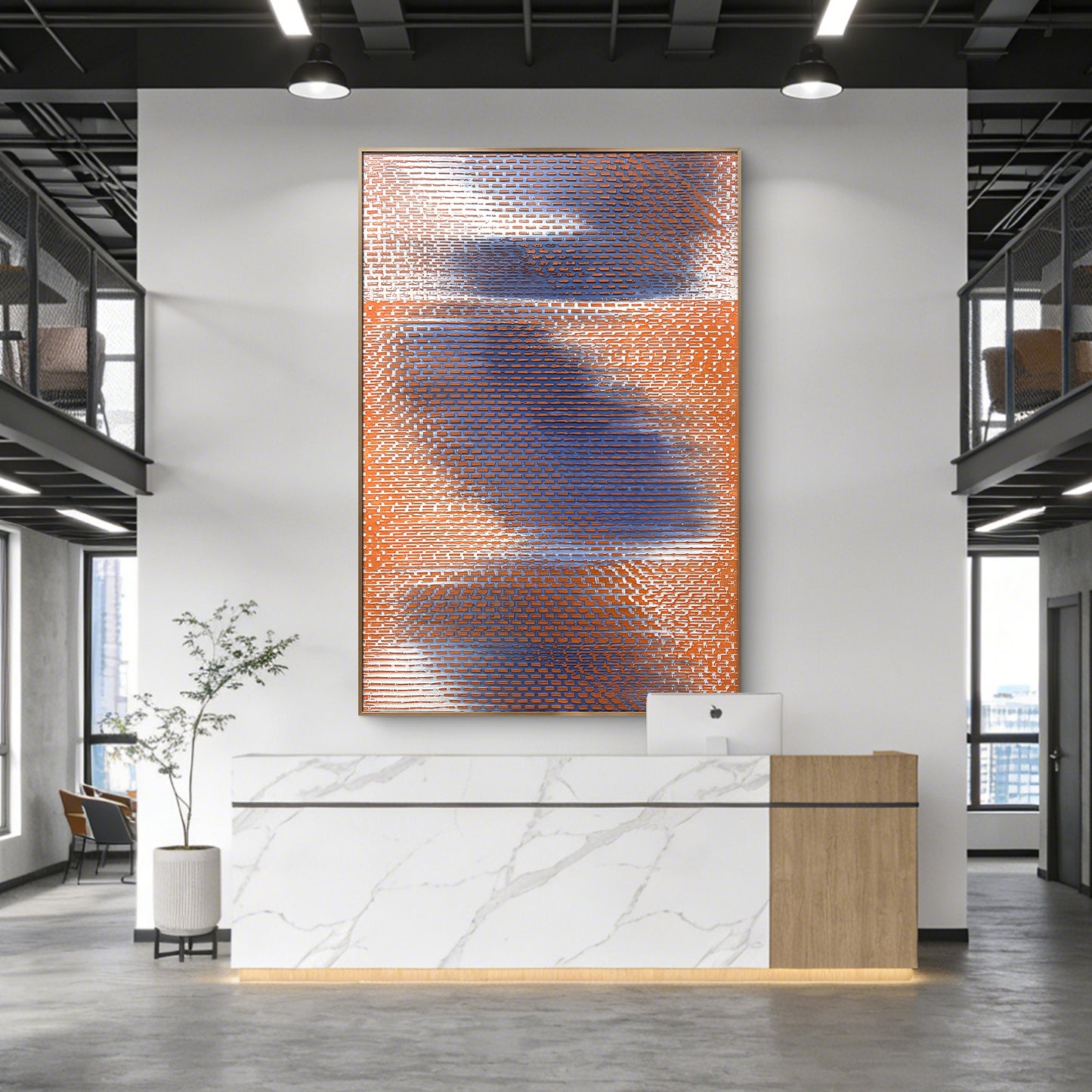 Modern Geometric Textured Wall Art in Blue and Orange