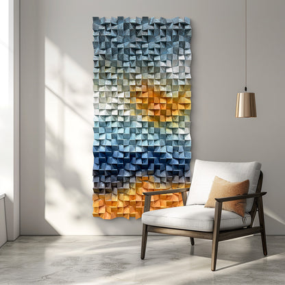 Large 3D natural wood wall decor with original triangular design.