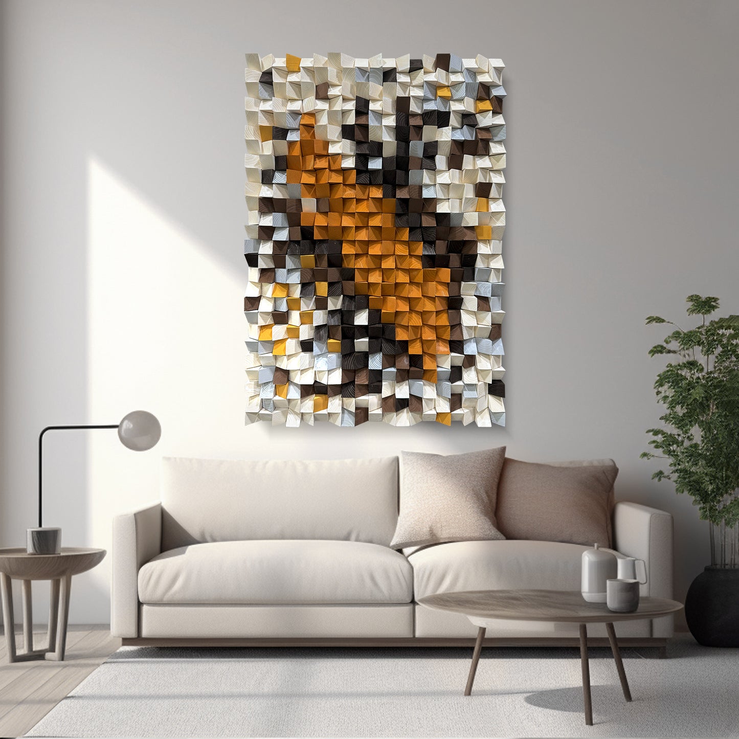 Large 3D natural wood wall decor with original triangular design.