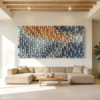 Large wooden block wall art integrates into interior spaces, exuding a leisurely and romantic atmosphere, infusing poetic charm into the room.