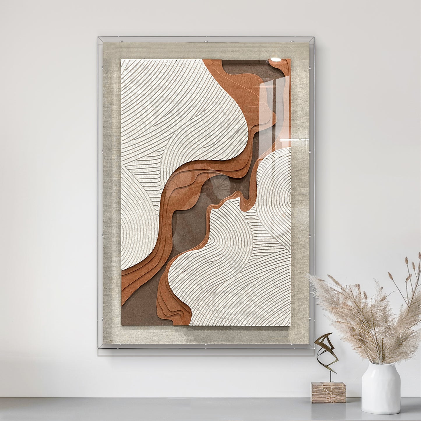 Creative hand-carved decorative artwork interwoven with brown and white lines, accented by a solid wood frame, delivering an elegant artistic touch.