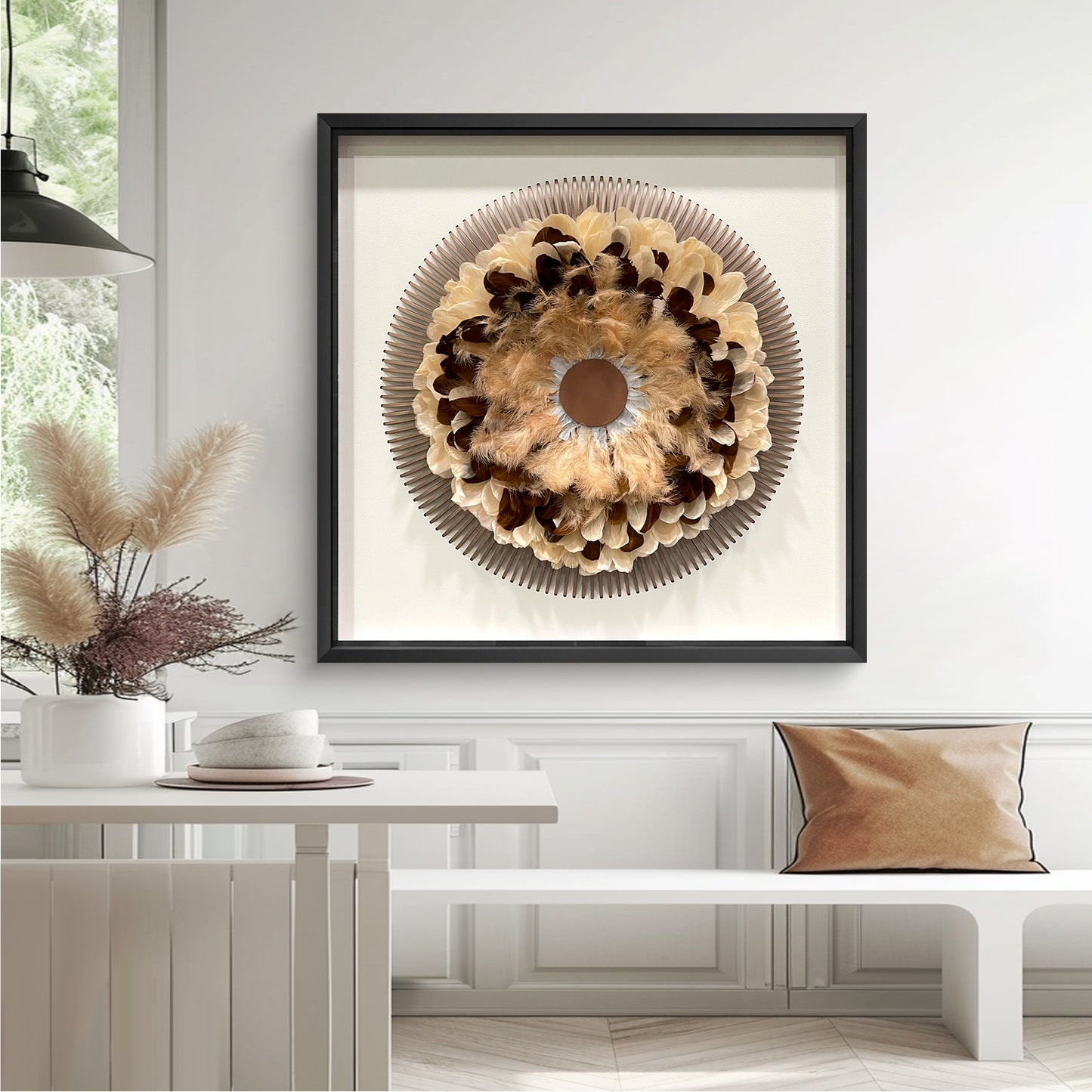 Boho Feather Wall Art - Radial Wood Slats Layered Juju Decor