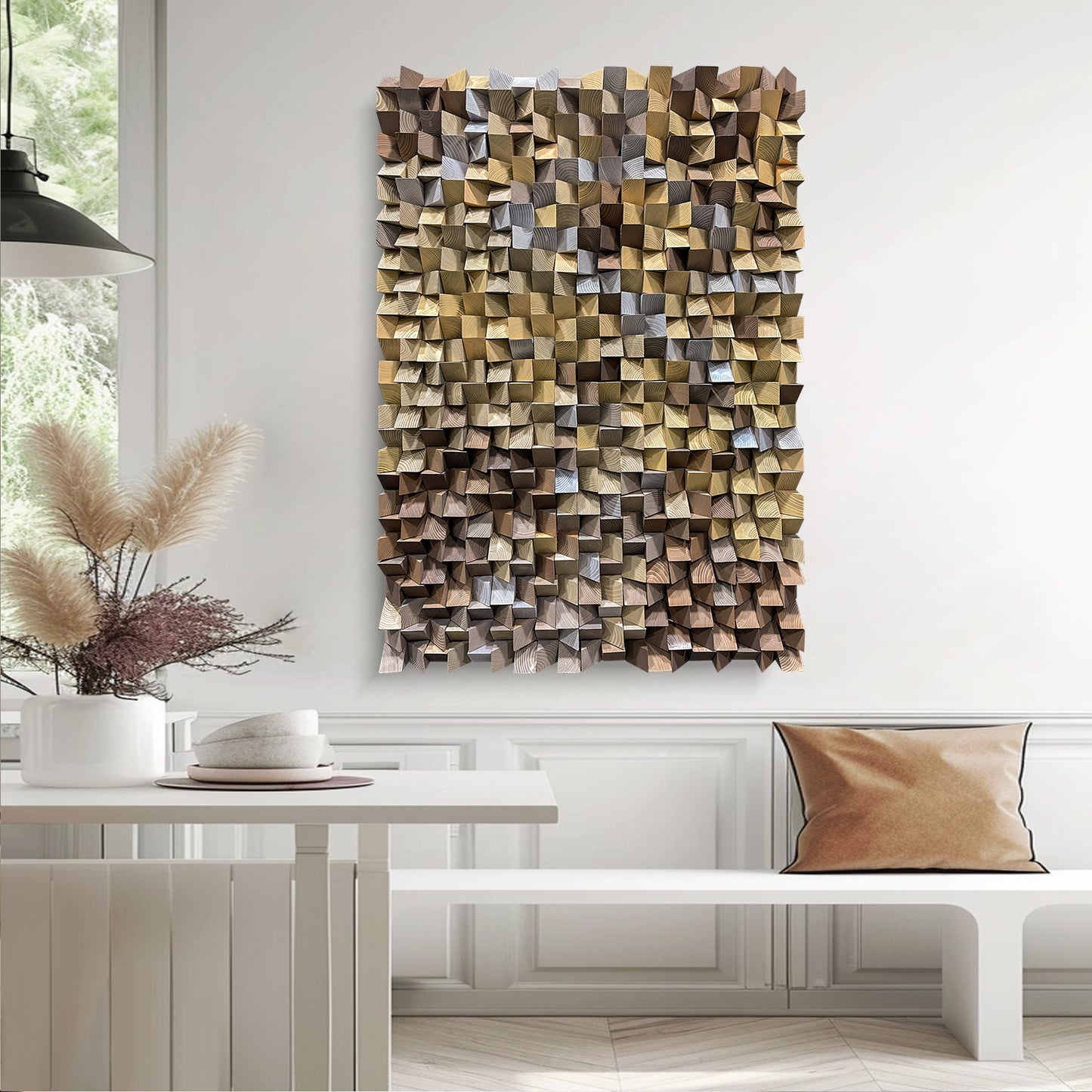 Natural Wood Triangle Mosaic Art - 3D Geometric Wall Decor