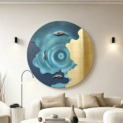 Blue Gold Koi Round Wall Art